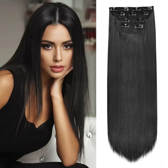Creamily 4 PC Clip in Hair Extensions 20" Straight Long Extensions for Women Synthetic Hairpiece (Natural Black)