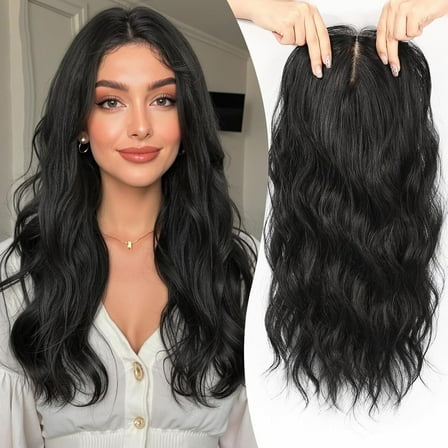 Creamily 24 Inch Wavy Hair Toppers Long Curly Hair Pieces with 6“ ×6.5” Large Base Central Lace Clip In Hair Extensions for Women with Thinning Hair(Dark Brown With Big Wave)