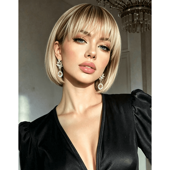 Creamily Short Blonde Wig for Women with Sensitive Scalps – Gentle on Skin, Natural Look Brown Roots, Lightweight Bob Style for Daily Comfort