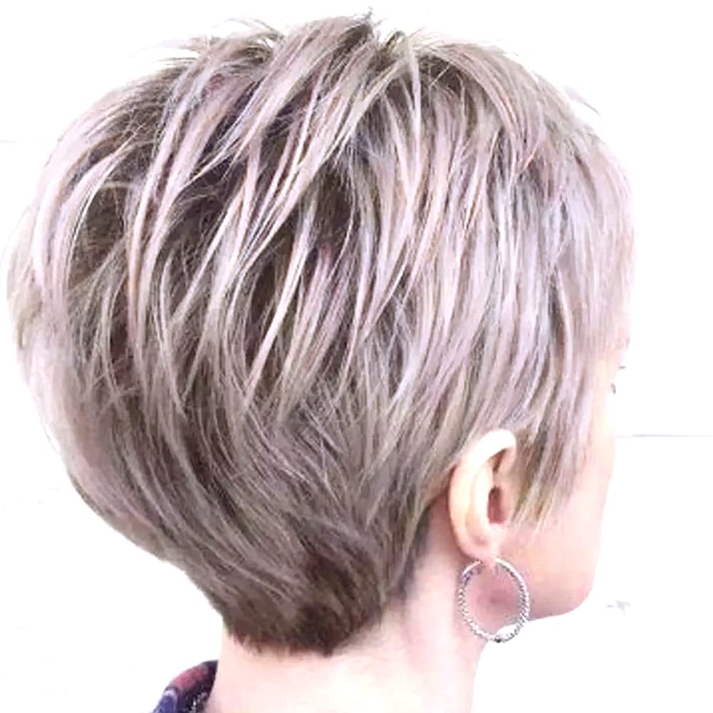Creamily Grey Pixie Wigs for Women Short Hair Wig with Bangs Layered Gary Pixie Cut Wigs Wefted Wig Cap