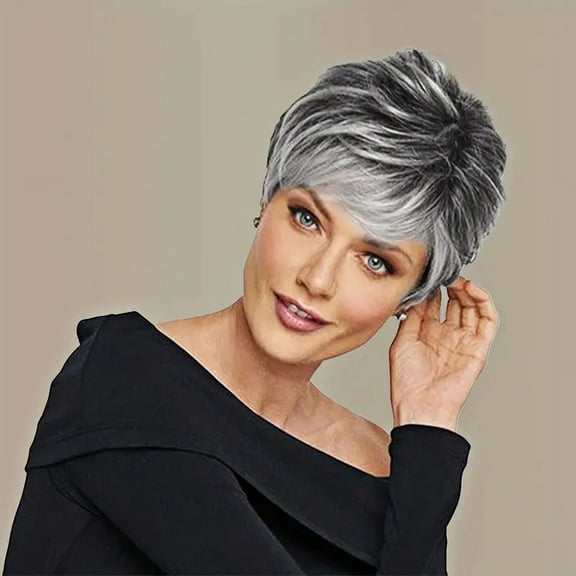 Creamily Grey Short Wigs for  Women Layered Short Pixie Cut Wigs with Bangs Synthetic Grey Wigs Wefted Wig Cap