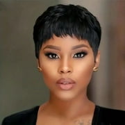 Creamily Pixie Cut Wigs Human Hair Short Wigs for Women Natural Straight Glueless Pixie Wig with Bangs 1B