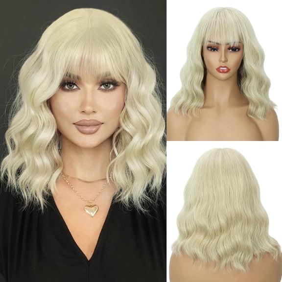 Creamily 12 inch Blonde Wigs for Women Short Bob Wig blonde Wig Short Curly Wavy Blonde wig With Bangs Heat Resistant Synthetic Wigs for Cosplay Costume Party