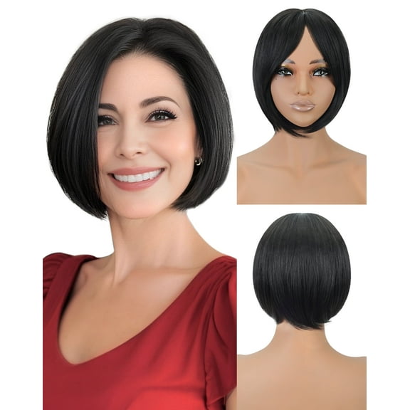 Creamily  Hair Toppers for Women Short Bob  Natural Synthetic with Bangs 8.5" Side Part Hairpieces for Women with Thin Hair 6" × 6" Larger Base  Wig Toppers(Natural black)