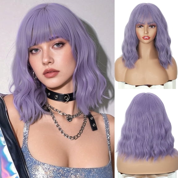 Creamily 12 inch Purple Short Bob Wigs with Bangs for Women Loose Wavy Wig Curly Wavy Shoulder Length Bob Synthetic Cosplay Wig for Women Colorful Costume Wigs