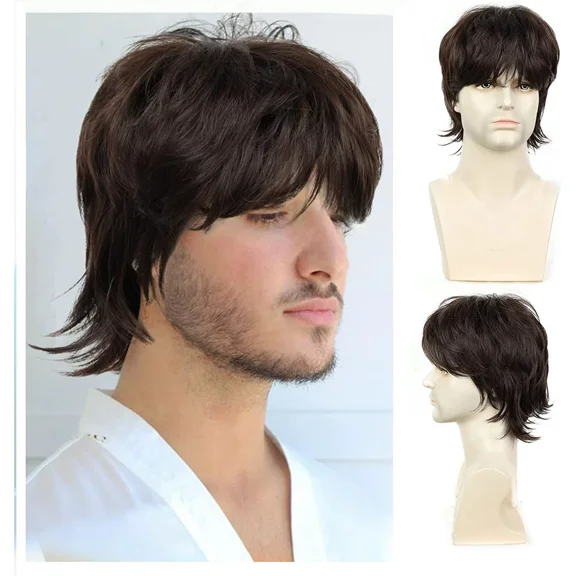 Creamily Mens Wig Short Brown Wigs for Mens Layered Mullet Wigs Synthetic Hair Wig Wolf Cut Wigs Cosplay Mens Wig Natural Wig for Men