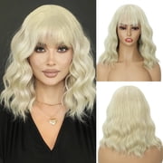 Creamily 12 inch Blonde Wigs for Women Short Bob Wig blonde Wig Short Curly Wavy Blonde wig With Bangs Heat Resistant Synthetic Wigs for Cosplay Costume Party