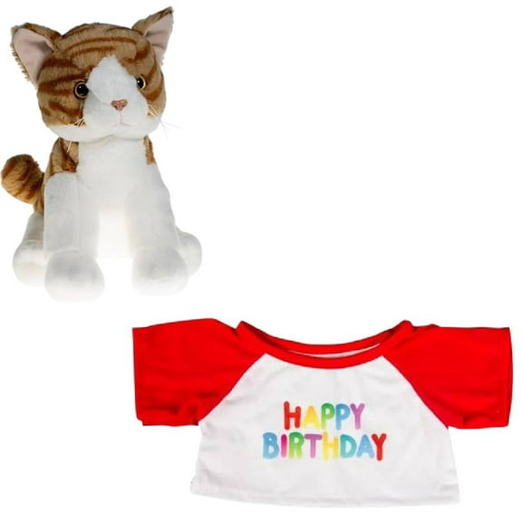Creamsicle the Tabby Cat Plush Toy In Happy Birthday T-Shirt with Red Sleeves - 16 inch Cat Stuffed Animal, Cute & Soft Cuddly Birthday Teddy Bear, Gift for Kids, Birthday Decor, Party Favor
