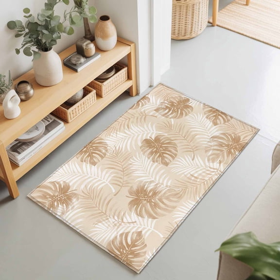 Creamy Beige Leaf 2'x3' Rug for Entryway Front Door Kitchen Sink Area, Modern Creamy Beige Palm Leaf Monstera Low Pile Washable Non Slip Rectangle Area Rug for Living Room