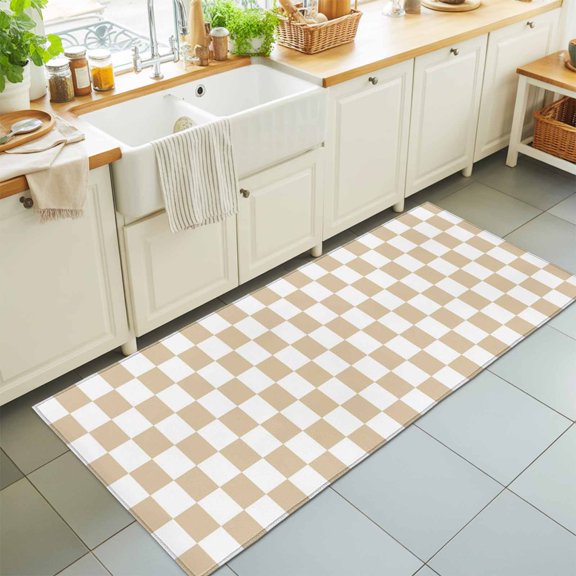 Creamy Beige Plaid Washable Runner Rugs 2'x6', Modern Checkerboard Plaid Repeating Pattern Washable Runner Rug Non-Slip Sturdy Edge Binding Carpet for Bedside Hallway Runner Kitchen Galley