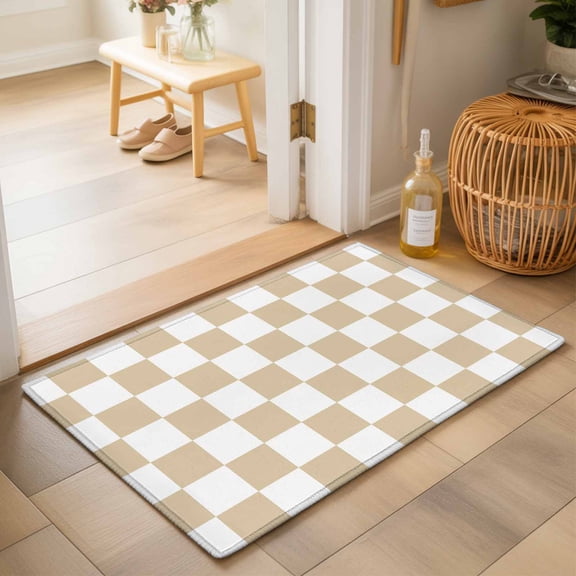 Creamy Beige Plaid Washable Small Entryway Area Rugs 2'x3', Modern Checkerboard Plaid Repeating Pattern Washable Throw Rug Non-Slip Sturdy Edge Binding Carpet for Front Door Floor Room Entry