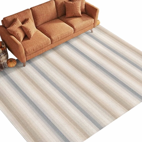 Creamy Beige Stripes 9'x12' Area Rugs for Living Room Sectional Sofa, Gray Taupe Ombre Lines Striped Rustic Washable Sturdy Non Slip Soft Sturdy Rectangle Home Area Rug