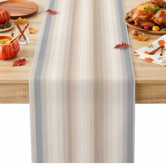 Creamy Beige Stripes Table Runner, Gray Taupe Ombre Lines Striped Rustic Cotton Linen Kitchen Table Decoration Washable Dining Tabletop Runners for Home Party Decor 18x72 Inches