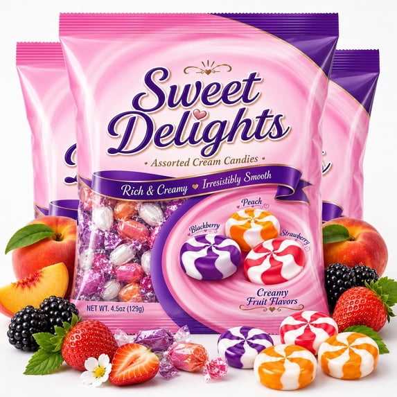 Sweet Creamy Delight Hard Candy 3 Bag Strawberry Peach & Blackberry Assorted Flavors Individually Wrapped 4 5 Oz Each