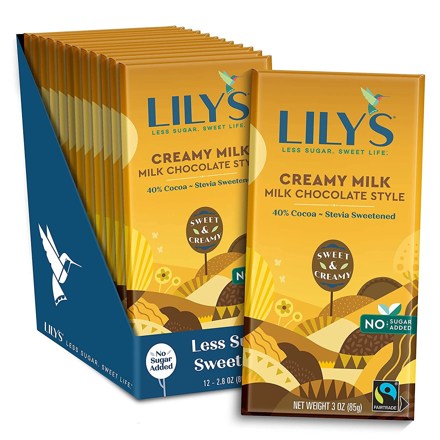 Creamy Milk Chocolate Style Bar by Lily's | Made with Stevia, No Added Sugar, Low-Carb, Keto Friendly | 40% Cocoa | Fair Trade, Gluten-Free & Non-GMO Ingredients | 3 ounce, 12-Pack