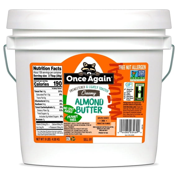 Once Again Creamy Natural Almond Butter No Sugar, Lightly Toasted - 9 Pound Bucket (Same as 9 Jars) of Single Ingredient Nut Butter, No Palm Oil, No Salt - Non-GMO, Gluten Free, Vegan