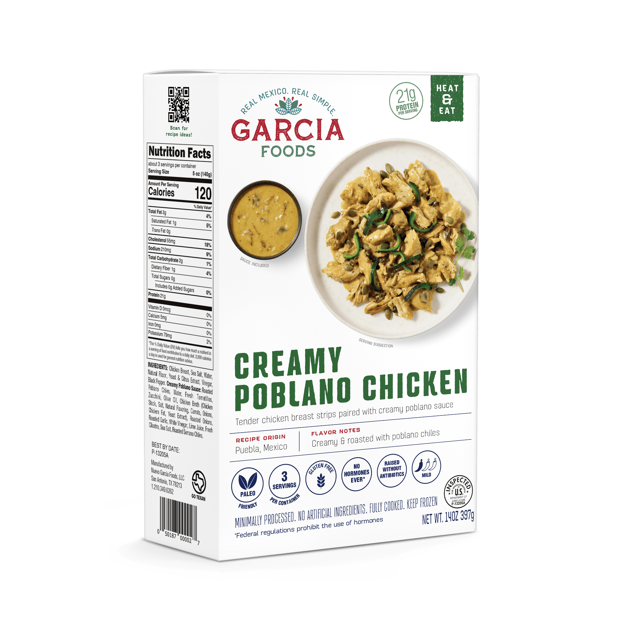 Garcia Foods Creamy Poblano Chicken, Refrigerated Entree, 14 oz Serves 3