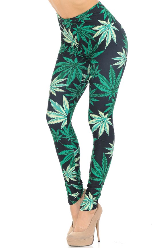 Creamy Soft Black Weed Extra Small Leggings - USA Fashion (XSmall One Size,Green)