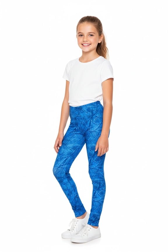 Creamy Soft Girls Kids Size Leggings, High Rise, Stretchy - by USA Fashion™ Blue Wrinkled Denim Medium