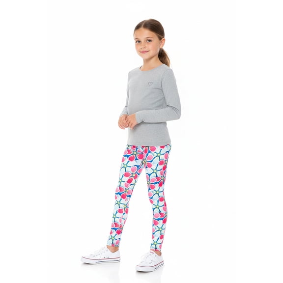 Creamy Soft Girls Kids Size Leggings, High Rise, Stretchy - by USA Fashion Pink and Blue Sunshine Floral Medium