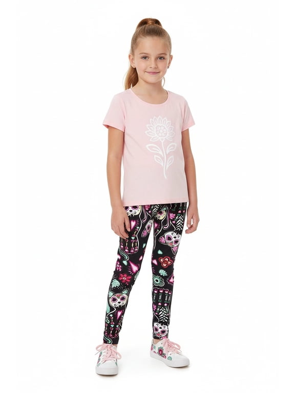 Creamy Soft Girls Kids Size Leggings, High Rise, Stretchy - by USA Fashion Sugar Skull Kitty Cats Small