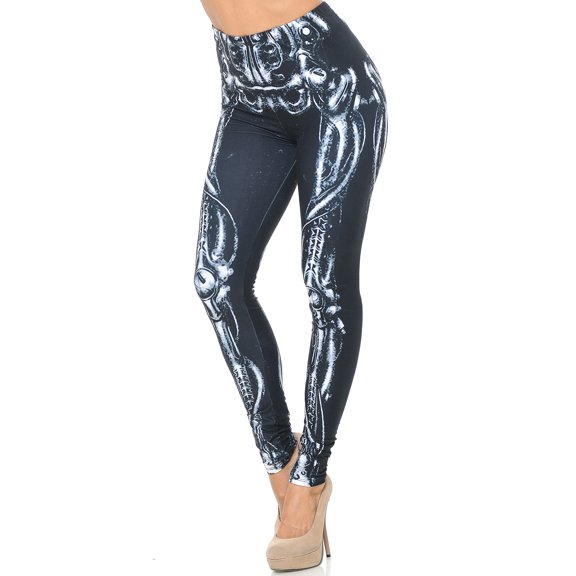 Creamy Soft Premium Women's Leggings Black Bio Mechanical Skeleton Regular Size, High Rise, Stretchy & Comfortable Fit - by USA Fashion