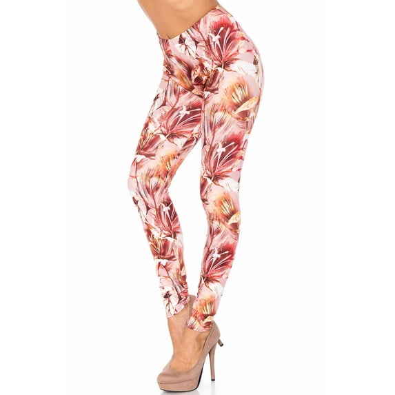 Creamy Soft Premium Women's Leggings Mocha Floral Regular Size, High Rise, Stretchy & Comfortable Fit - by USA Fashion