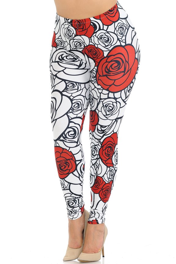 Creamy Soft Premium Women's Leggings Red Stencil Roses Plus Size, High Rise, Stretchy & Breathable, Comfortable Fit - by USA Fashion
