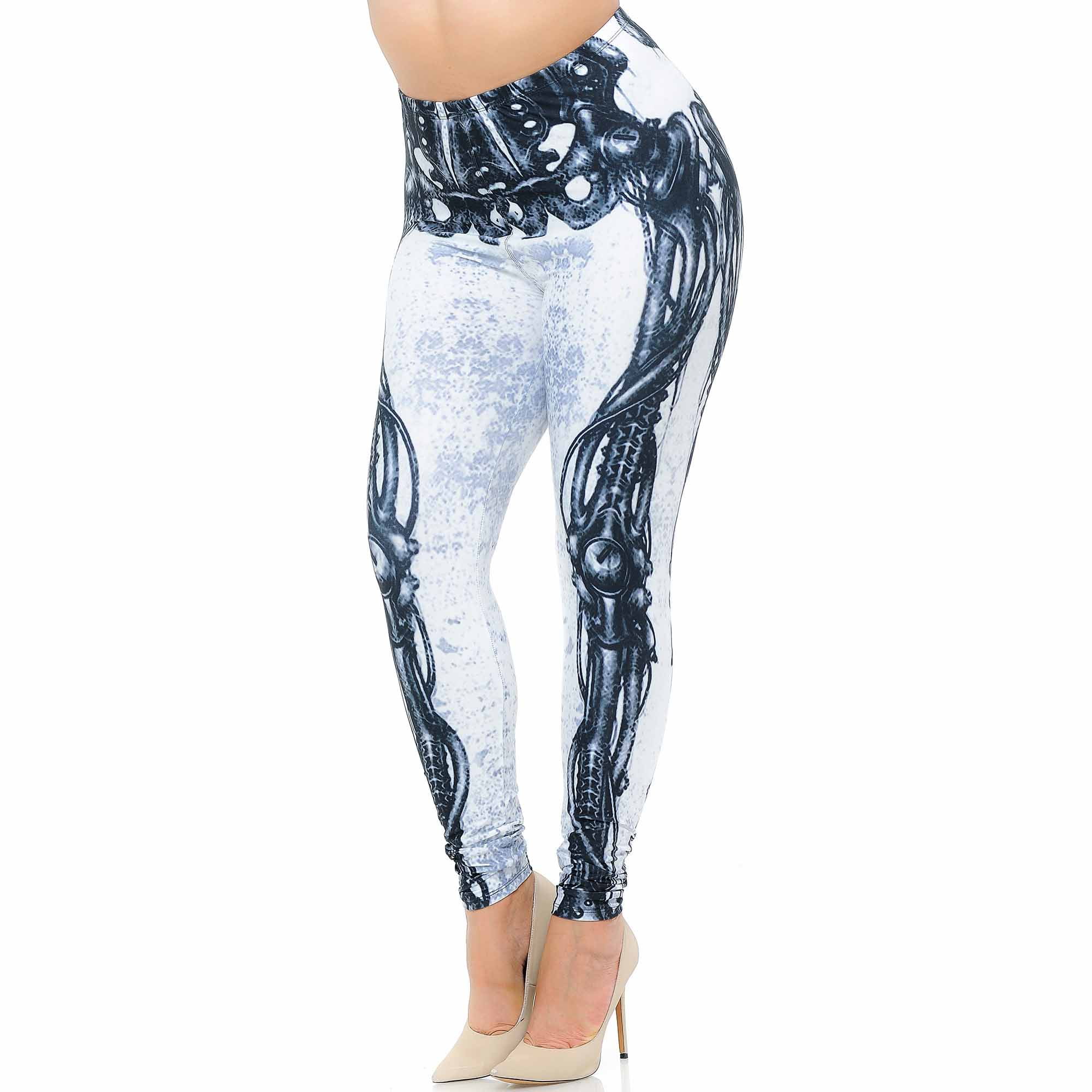 Creamy Soft Premium Women's Leggings White Bio Mechanical Skeleton Plus ...