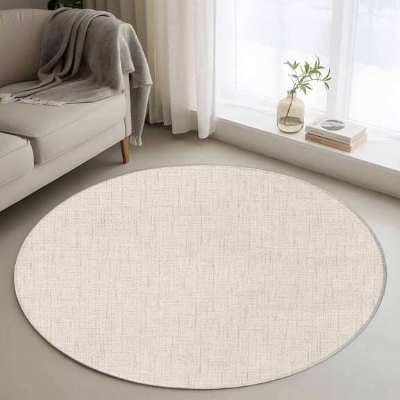 Creamy Solid 3FT Round Area Rugs Minimalist Tan Linen Texture Rustic Country Soft Small Round Rug Non-Slip, Ultra-Thin Circle Carpet for Bedroom Entryway Kitchen Bathroom