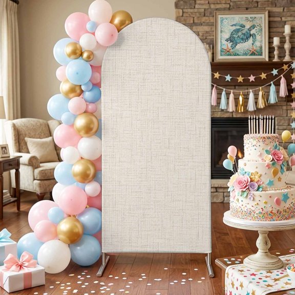 Creamy Solid Arch Backdrop Covers 4 FT, Minimalist Tan Linen Texture Rustic Country Stretchy Fitted Arched Stand Covers Party Arch Stand Cover Photo Booth for Wedding Birthday Decor