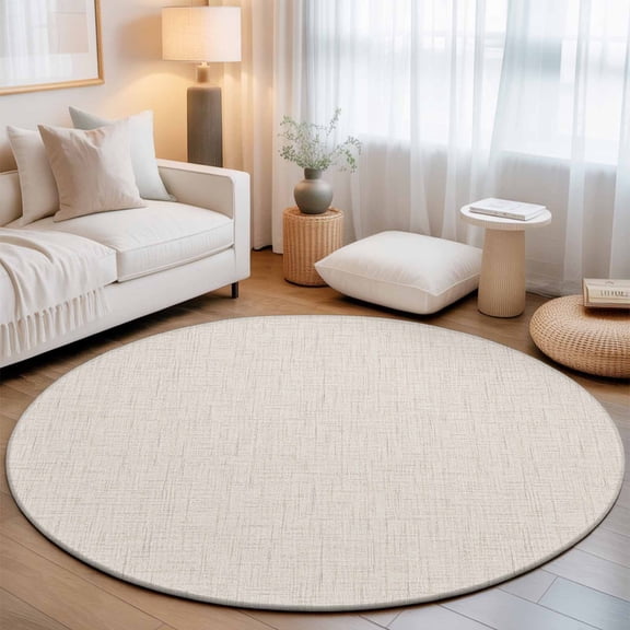 Creamy Solid Large Round Rug 7Ft Minimalist Tan Linen Texture Rustic Country Circle Area Rugs Washable Non Slip Indoor Floor Mats Carpet for Living Room Bedroom Dining Room Home Decor