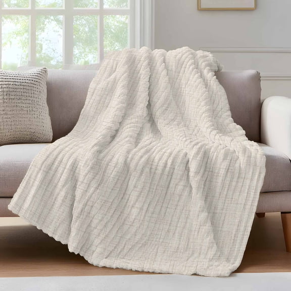 Creamy Solid Throw Blanket for Couch Minimalist Tan Linen Texture Rustic Country Soft and Warm Flannel 3D Striped Fluffy Fuzzy Fleece Blanket Lightweight Throw for Bed, Sofa 30 x 40 Inches