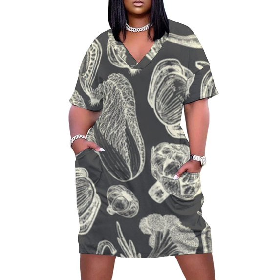 Creamy Vegetable Dark Background Print Women's Loose Short Sleeve Dress Casual Summer Plus Size Long Dresses with Pockets
