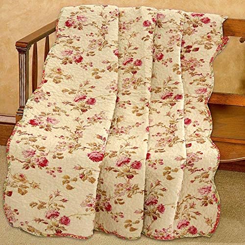 Creamy Vintage Rose Floral Printed Reversible 100% Cotton Quilted Throw Blanket 60" x 50" Machine Washable and Dryable(Vintage Floral)