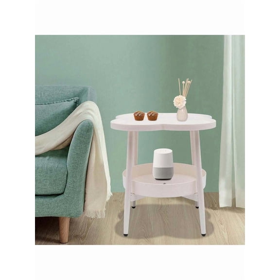 Creamy White Four-Leaf Clover End Table With Double-Tier Storage, Modern Living Room Bedroom Side Table