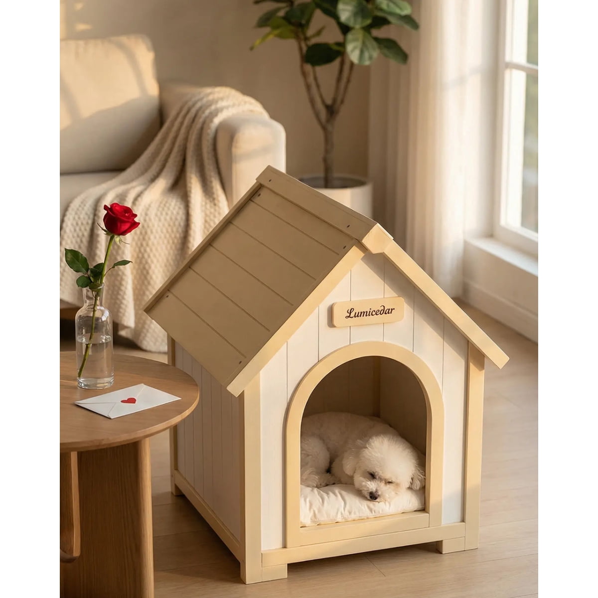 Creamy White Light Yellow Modern Indoor Wooden Dog House with EVA Cushion for Small Dogs and Cats