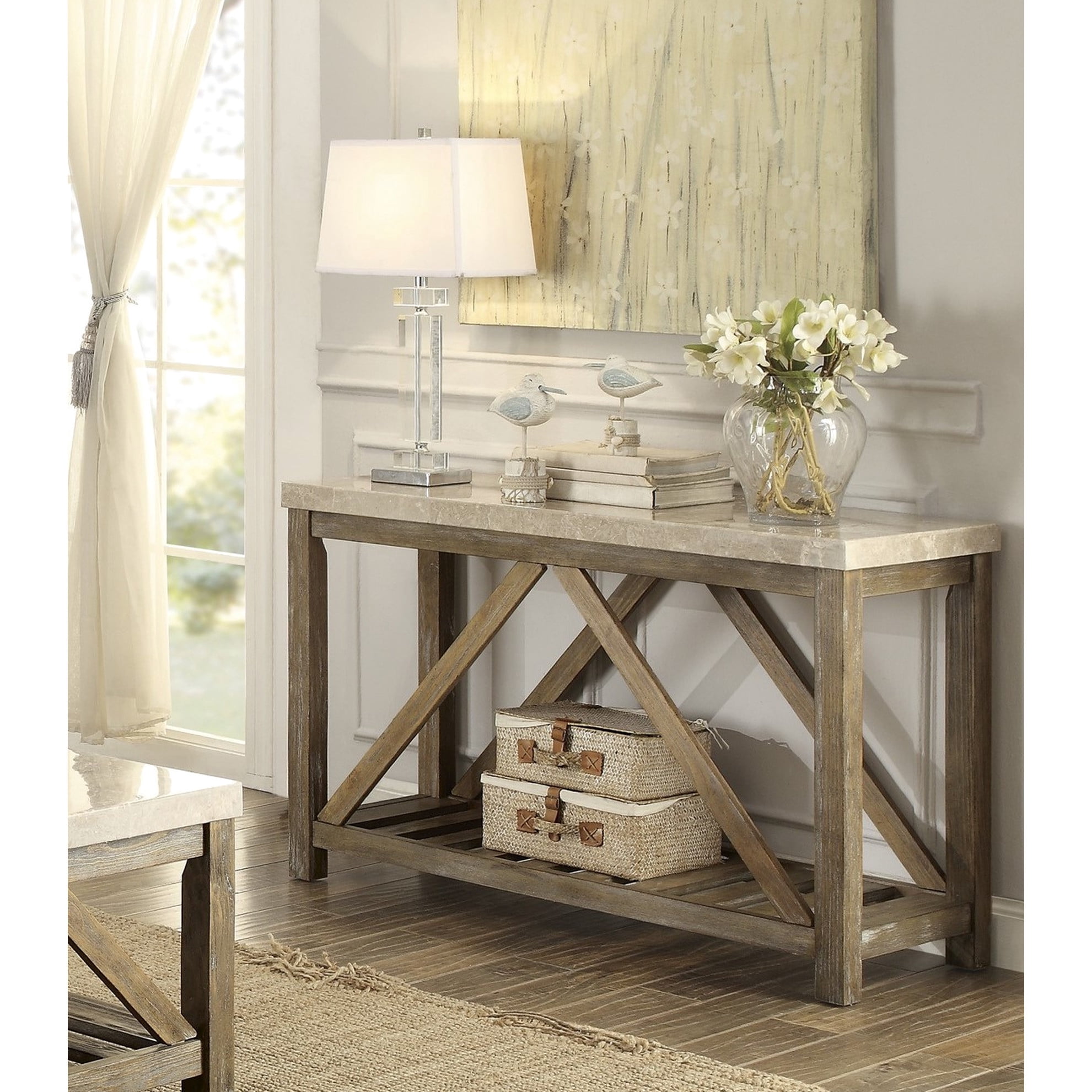 Creamy White Marble Top Industrial Console Table, Wooden Base For ...