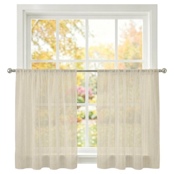 Creamy Yellow Striped Sheer Curtains 45 Inches Long 2 Panels, Modern Vertical Stripes Linear Textures Semi Sheer Rod Pocket Window Curtains Light Filtering Drapes for Living Room Bedroom