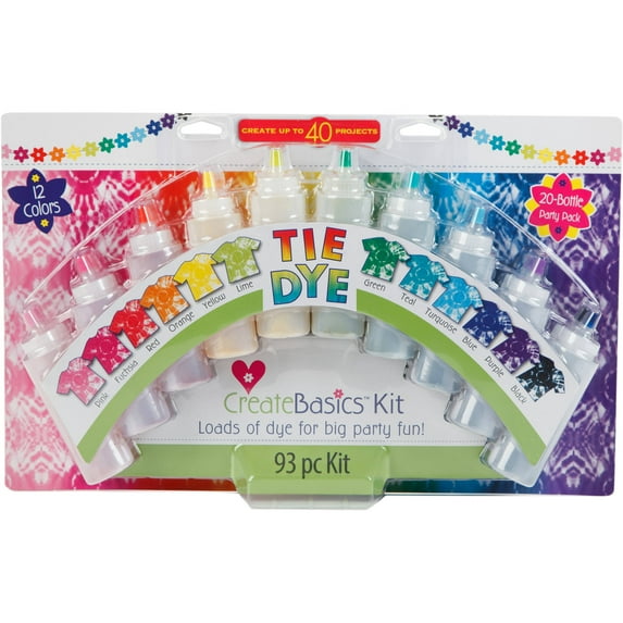 Create Basics 20-Bottle Tie-Dye Party Kit – 12 Bright Rainbow Colors for Group Crafts, T-shirts & DIY Projects