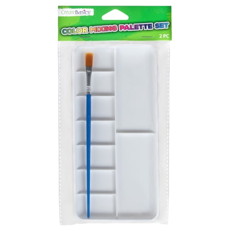 Create Basics Paint Mixing Palette & Brush Set, 7 Wells and 2 Large Color Mixing Areas, White Plastic