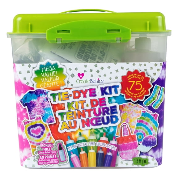 Create Basics Tie Dye Mega Kit with Bonus Glitter Fabric Spray, 138-Piece Set - 75-Project One-Step Tie Dye Kit