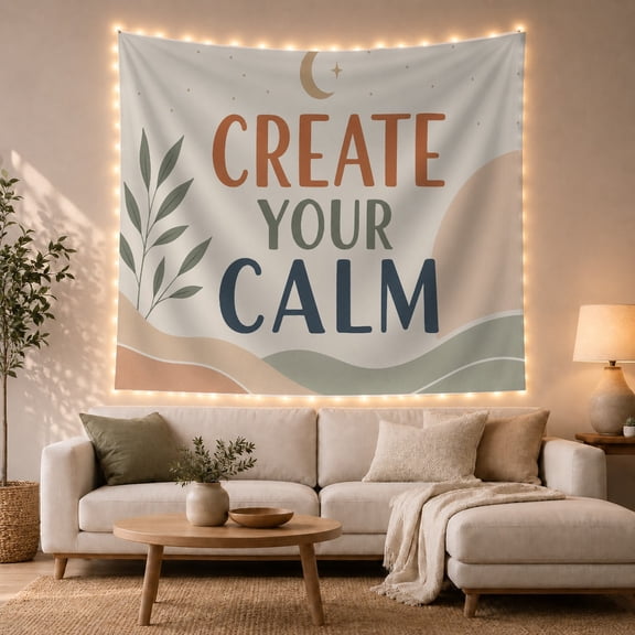 Create Your Calm Lettering with Moon and Leaves, Calming Boho for Mindfulness Lovers, Quote Wall Art, Housewarming Gift, Tapestry Wall Hanging for Bedroom and Meditation Room