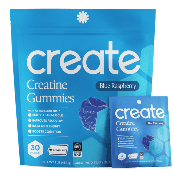 Create Creatine Monohydrate Gummies, Single-Serve Packs, Blue Raspberry, 30 Packs (90 Gummies)