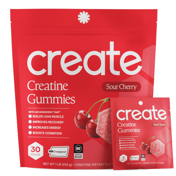 Create Creatine Monohydrate Gummies, Single-Serve Packs, Sour Cherry, 30 Packs (90 Gummies)