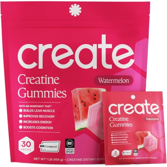 Create Creatine Monohydrate Gummies, Single-Serve Packs, Watermelon, 30 Packs (90 Gummies)