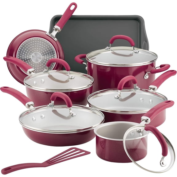 Create Delicious Nonstick Cookware Pots and Pans Set  13 Piece  Red Shimmer