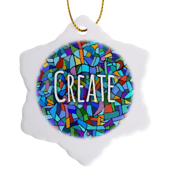 Create - Inspiring Creativity - Blue Motivational Saying, 3 inch Snowflake Porcelain Ornament