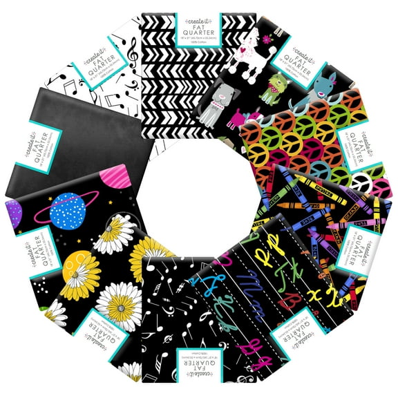Create It 18"x21" Cotton Black Novelty Assorted Precut Sewing & Craft Fabric, Multicolor 30 Pieces