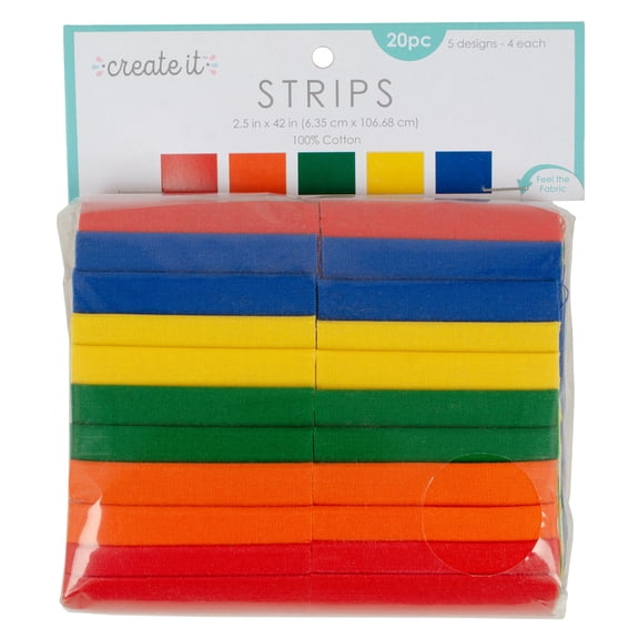 Create It 2.5"x42" Cotton Solid Bright Precut Strips, Multicolor 20 Piece